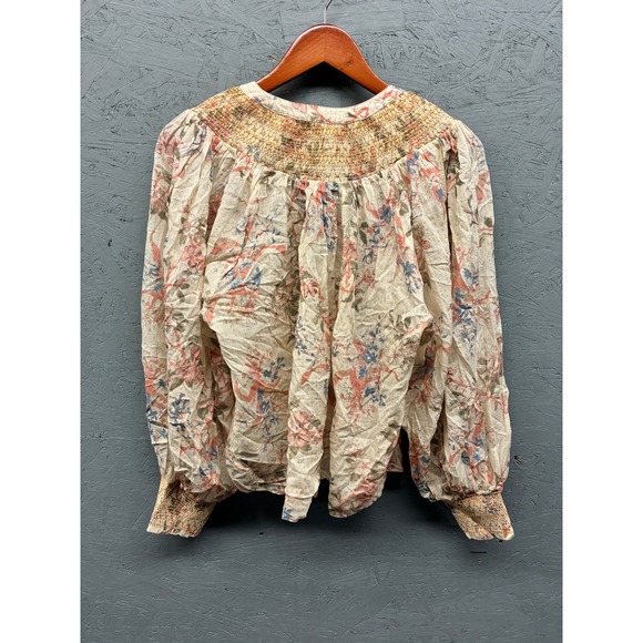 Anthropologie Blouse Women's Medium Ivory Pink Blue Floral Metallic Boho - Picture 9 of 10